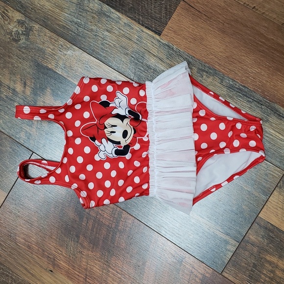 Disney Minnie Mouse Red and White Polka Dot Swimsuit with Tutu Skirt, Size 24M - Picture 1 of 4